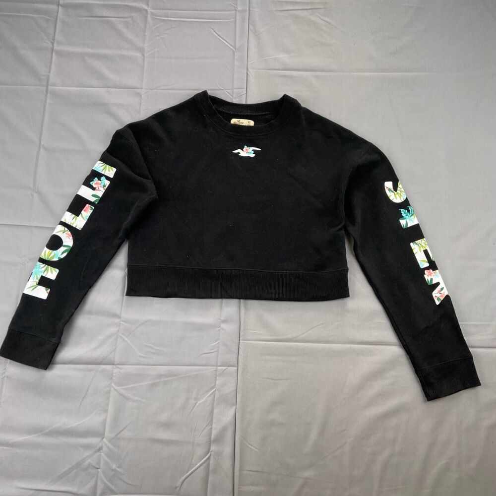 Hollister Women's Xs Black Floral Logo Cropped Crewneck Sweatshirt Graphic Cuffs